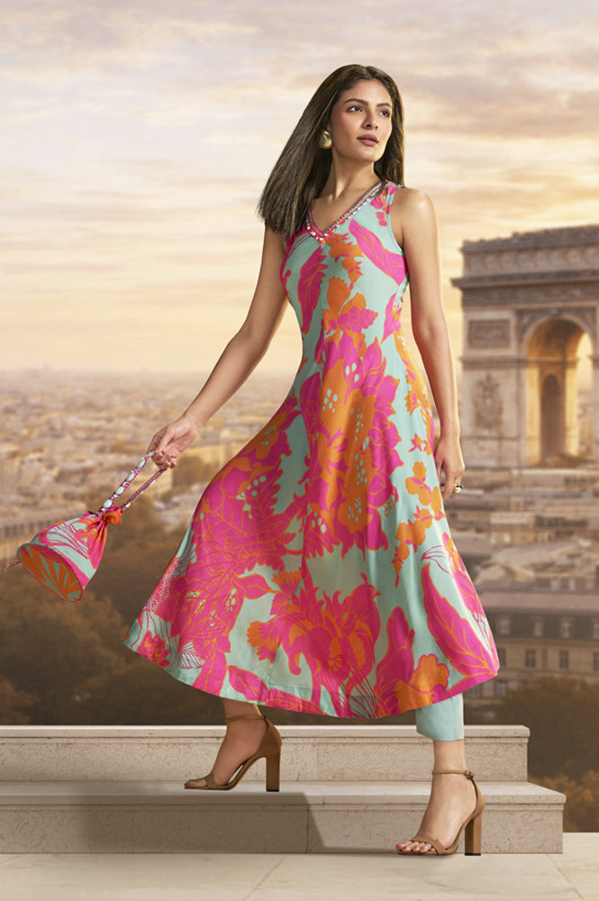 Green Floral Printed Modal A-line Kurta with Straight Pants Set